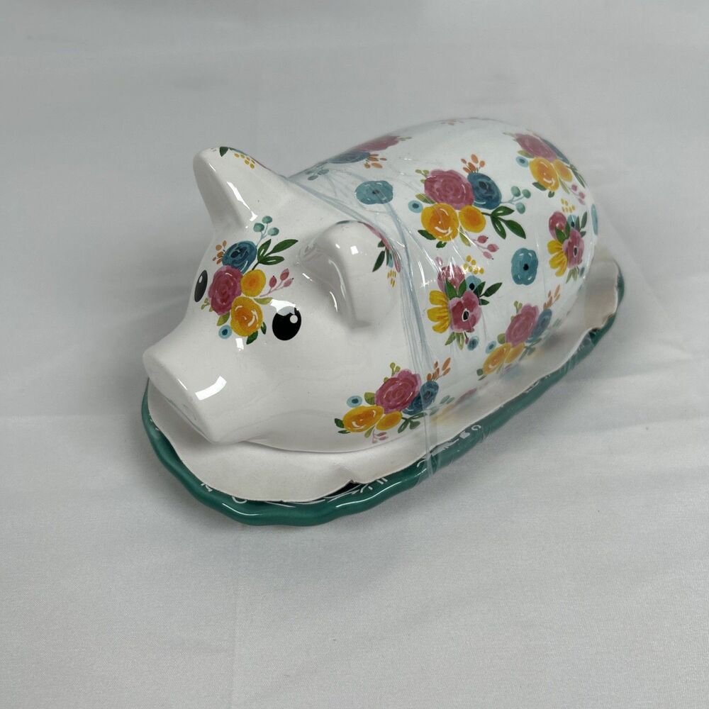 Pig Butter Dish Country Farmhouse Floral Green White 8"× 4" Flowers Cottagecore